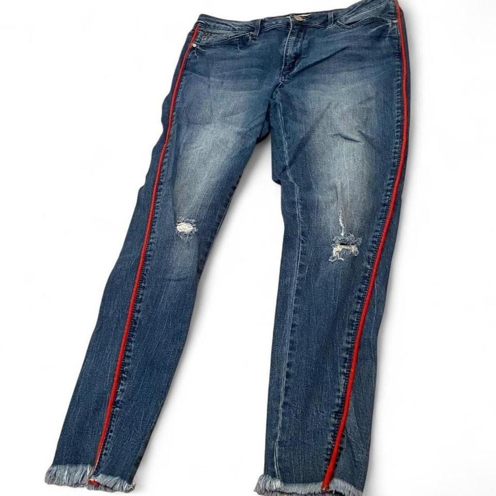 Seven7 size 12 Women's Distressed Blue Jeans with Red Side Stripe